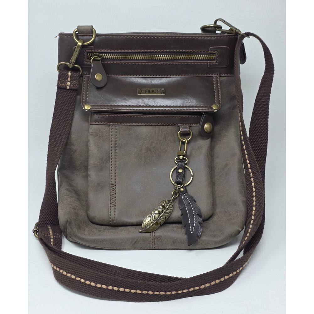 Chala Brown Faux Leather Messenger Crossbody Bag with Feather Charm Boho